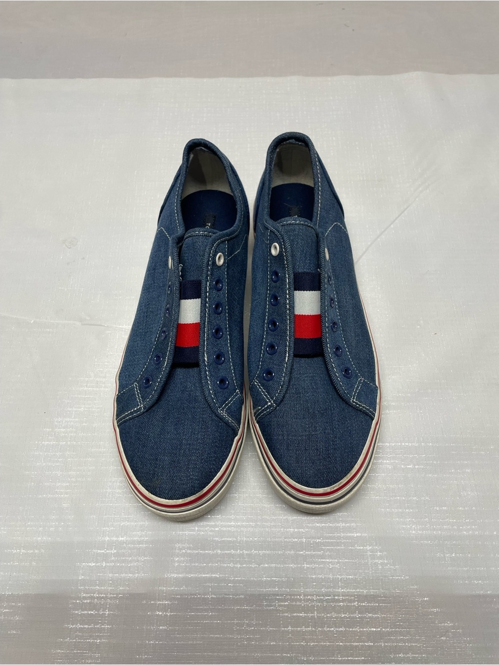 Tommy Hilfiger Denim Slip-On Sneakers with Red, White & Navy Stripe Sz: 9.5M